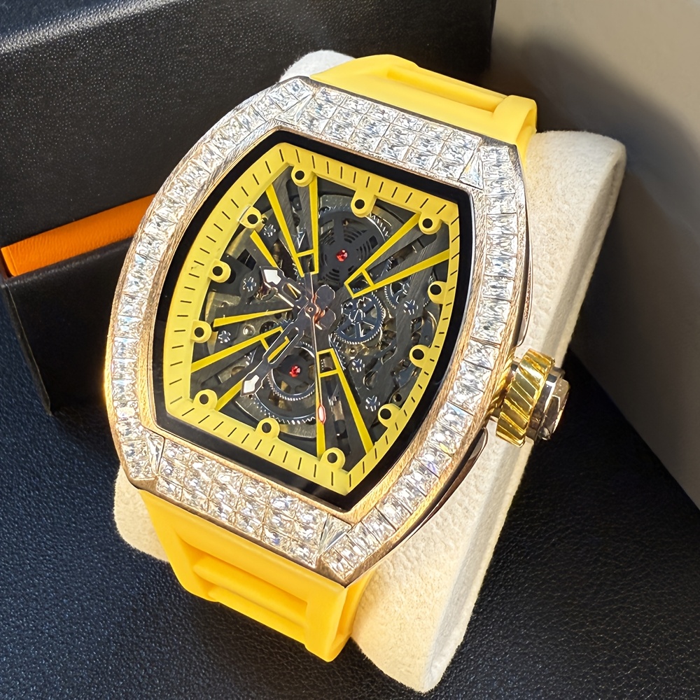 ONOLA Men's Automatic Mechanical Watch - Skeleton Dial with Luminous Hands, Embellishments, Sporty Rubber Case & Blue Silicone Strap, Date Display, No Battery Needed, Luxury Timepiece, Barrel Shaped Dial, Detailed Craftsmanship