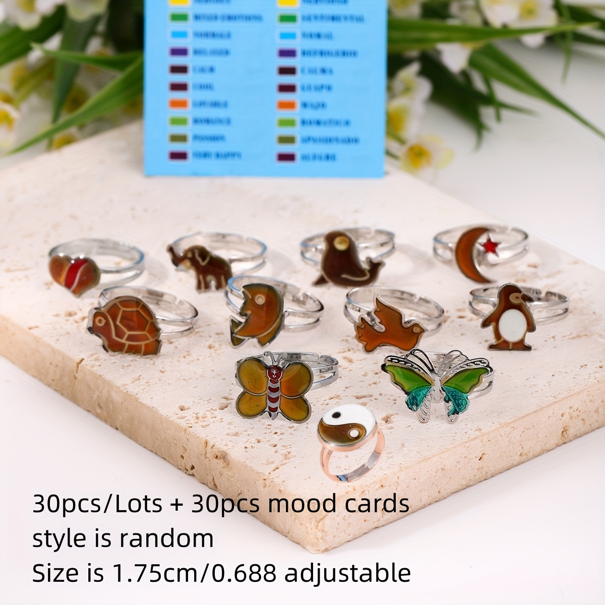 

30pcs Rings + 30pcs Mooed Cards Wholesale Lot Animal Color-changing Mood Rings - Fashion Jewelry For Girls & Women With Synthetic Stone, Copper Material, And Resin Mosaic Random Style