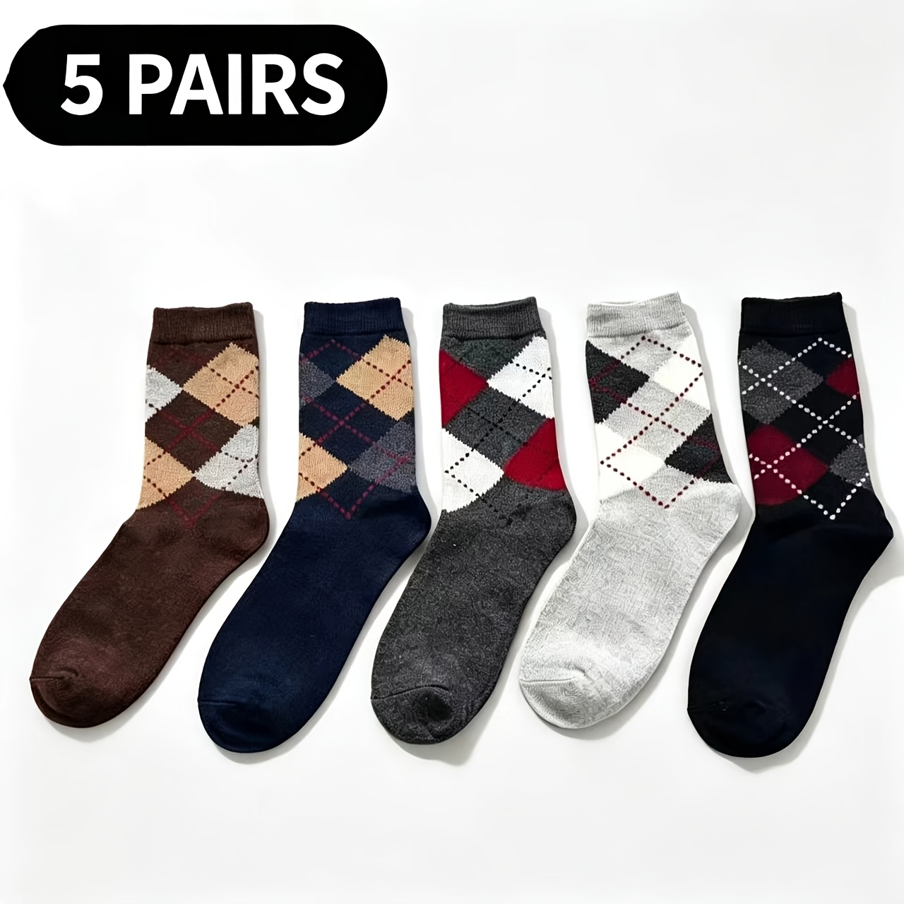 TEMU 5/10-pair Men's Diamond Pattern Flat Knit Wool Knee-high Socks, Thickened, Plus Size, For Casual And Business Wear