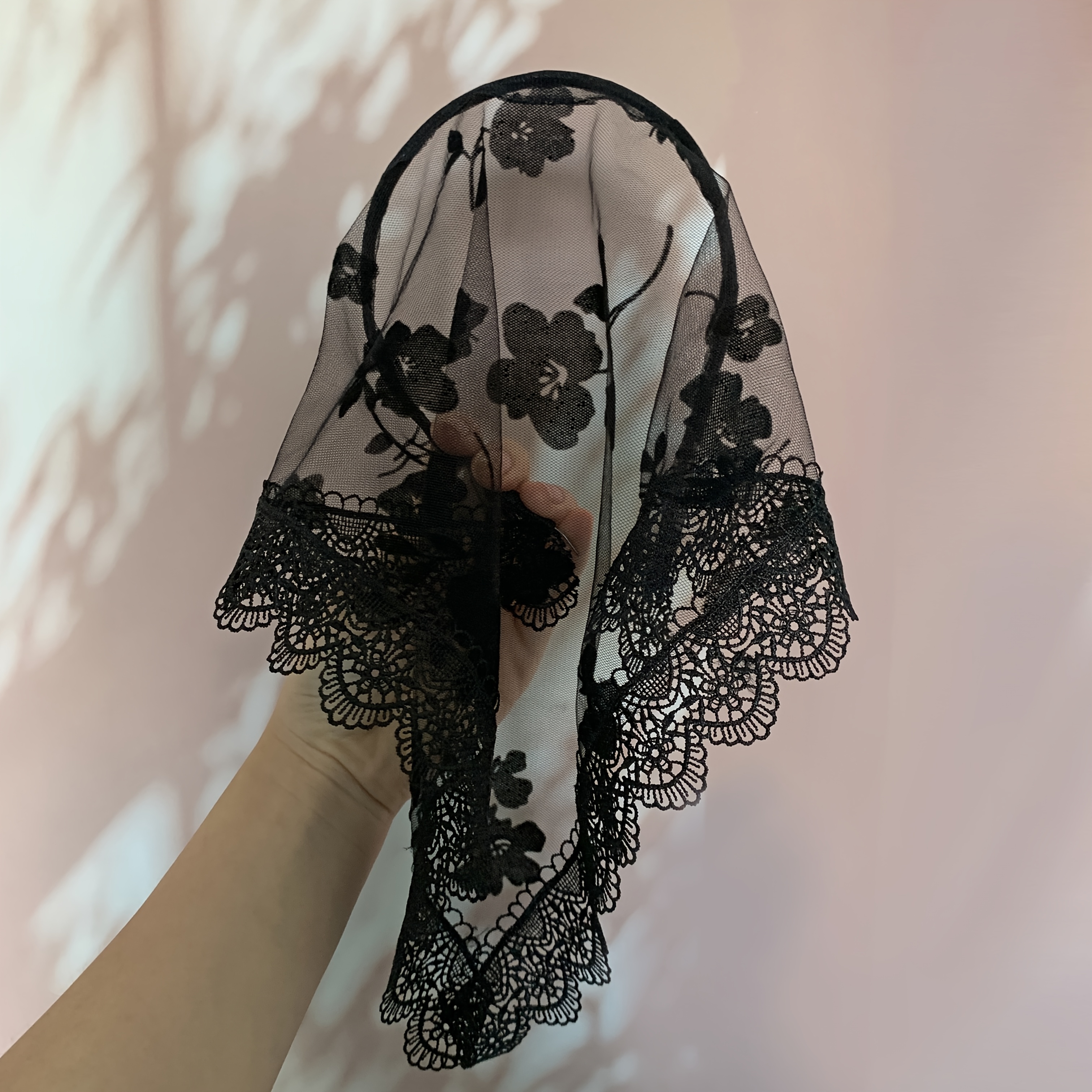TEMU Halloween Headband Black Mesh Floral Lace Triangle Headscarf Headband Dark Style Carnival Dress-up Headpiece Bride Hair Accessory