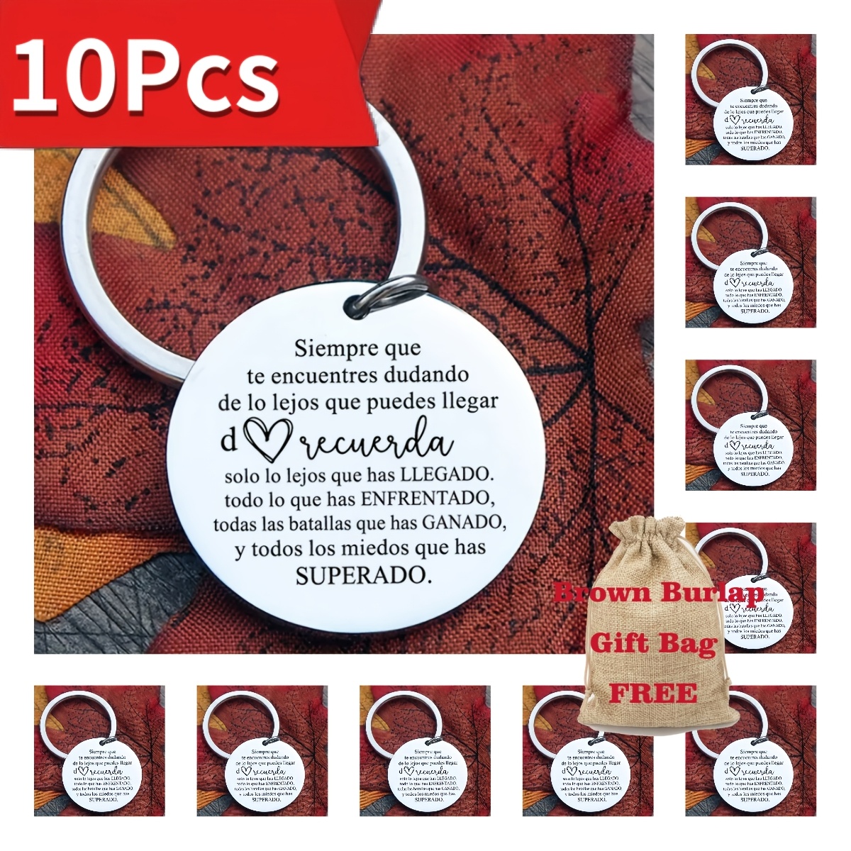 TEMU Regalo para Ella/Él - Juego de 10 Llaveros de Acero Inoxidable con Frases Inspiradoras en Español, Mensaje Motivacional Grabado, Llaveros