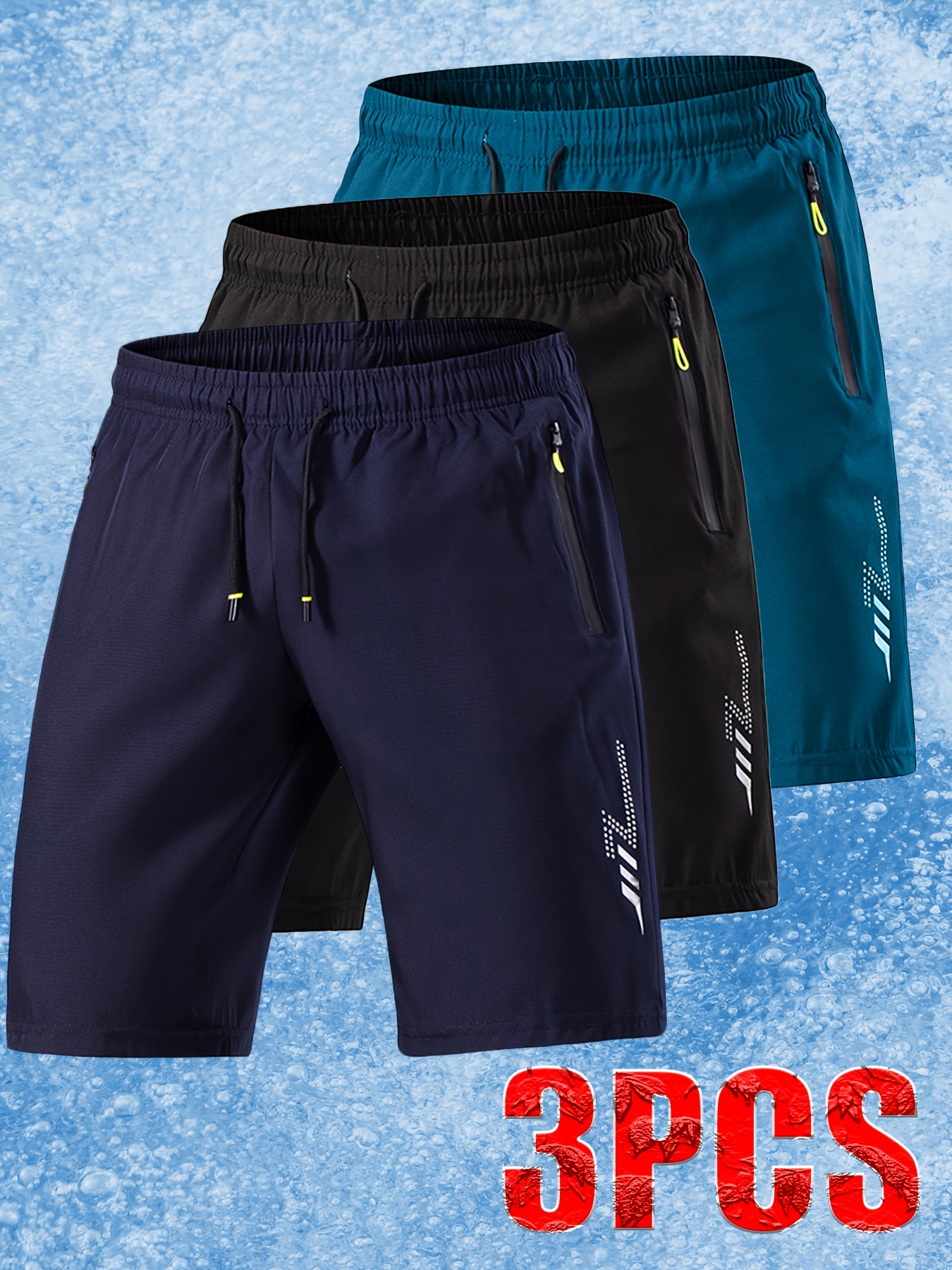 3pcs Men'S Ice Sliky Fiber Fabric Athletic Shorts - Soft Comfortable Fabric with Lightning Bolt Print, Elastic Waistband & Drawstring, Side Pockets, Lightweight Breathable Design for Summer, Travel, Gym, Casual Wear - Solid Color (, Dark, Teal)