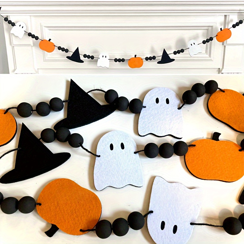 

Charming Halloween Wreath With Pumpkin & Ghost Accents - Handcrafted Felt Fireplace Banner, Black Wooden Beads & Colorful Flags For Spooky Season Home Decor