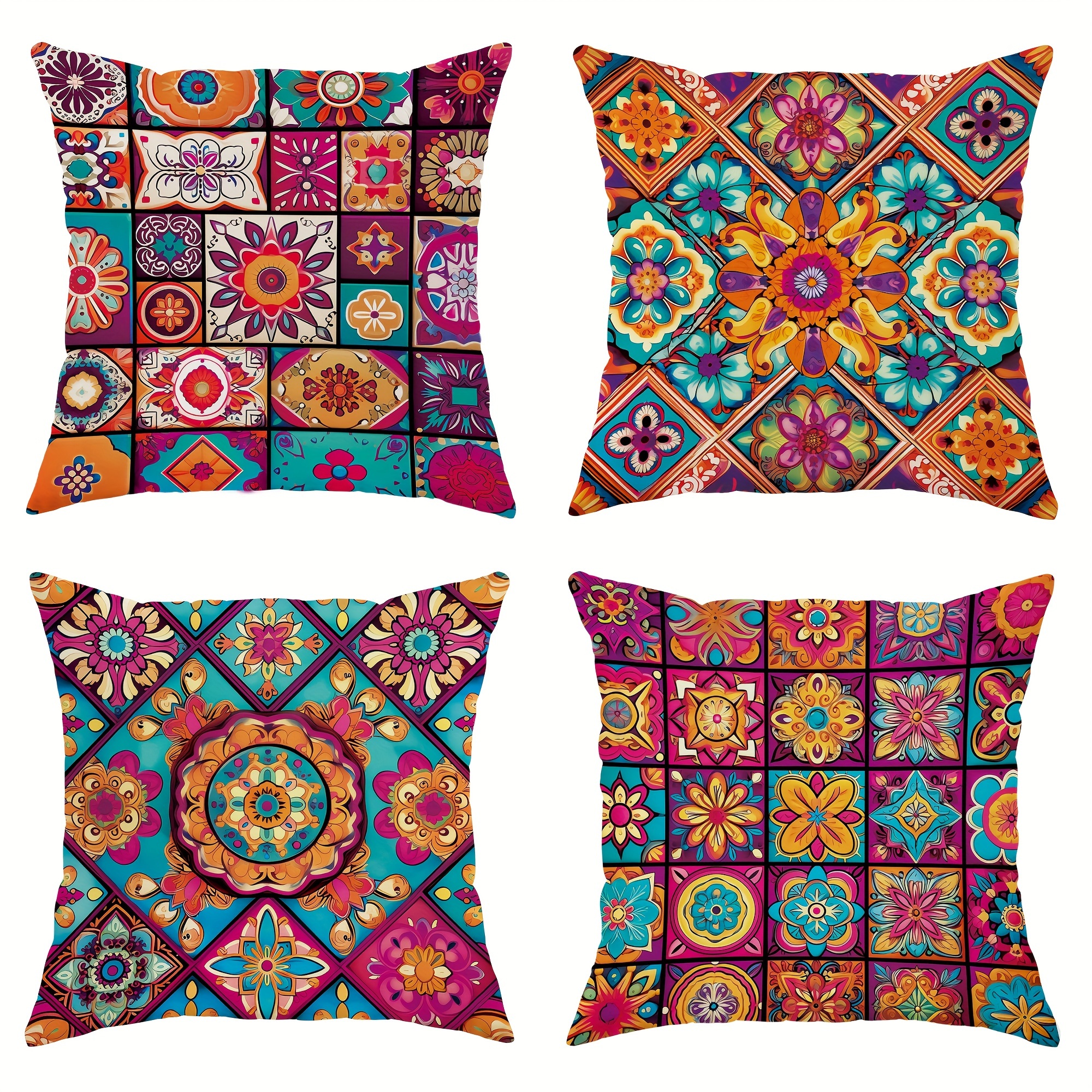 

4-piece Set Bohemian Velvet Throw Pillow Covers - Vintage Mandala & Lattice Design In Pink And Orange, Zip Closure For Living Room And Bedroom Decor