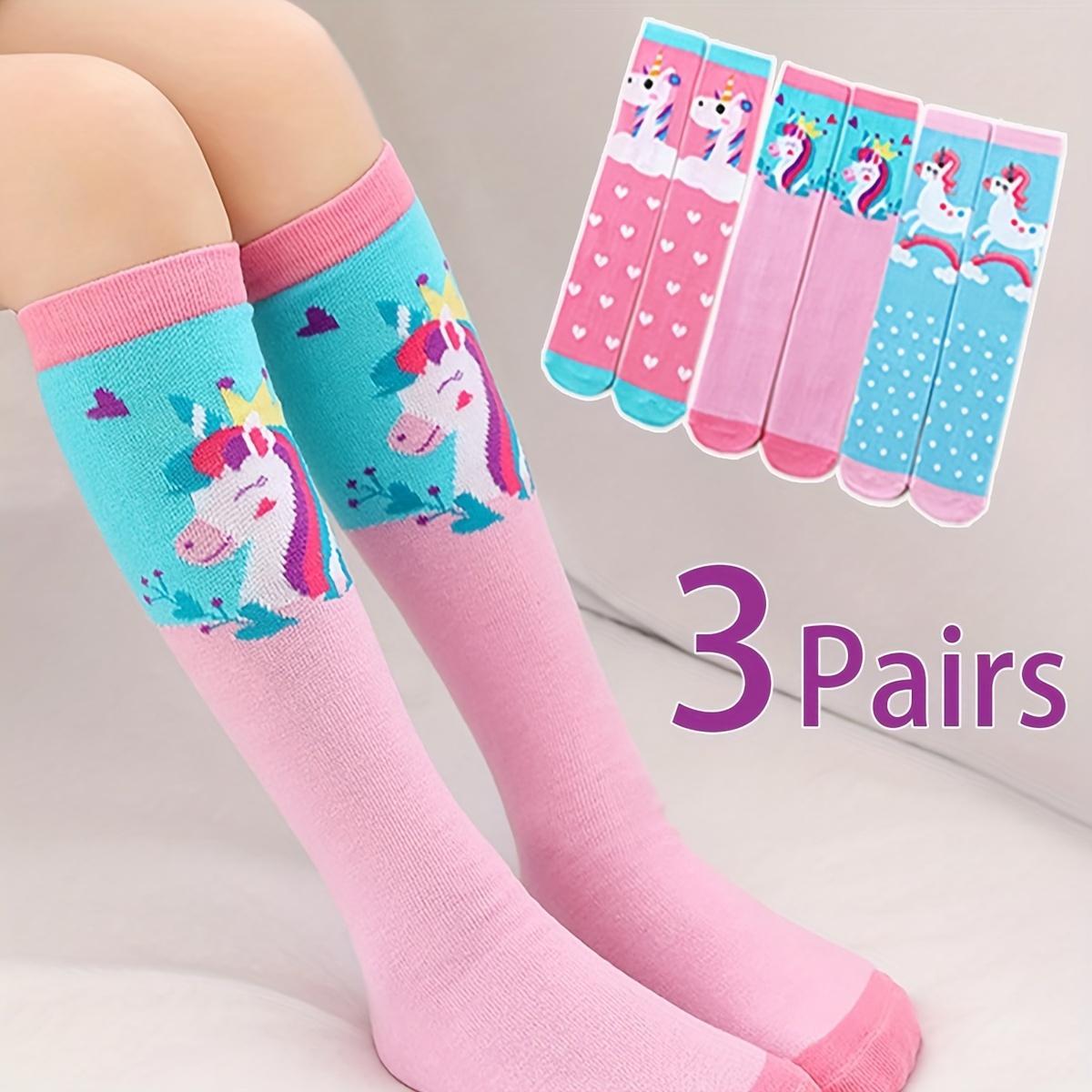 

3pcs Girls' Unicorn Mid-calf Socks - Cute Cartoon Design, Breathable & Comfy Polyester-spandex , All , Hand Wash Only