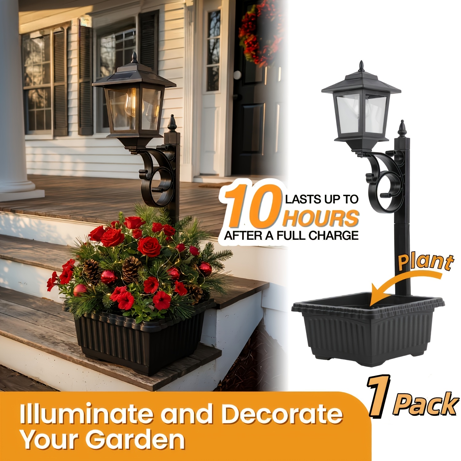 TEMU Solar Lamp Post Light - 2in 1 Outdoor Flower Pot For Real Or Fake Flowers (not Included). Glass Lampshade, Glass Bulb 20lm, Wall Mount Ip44