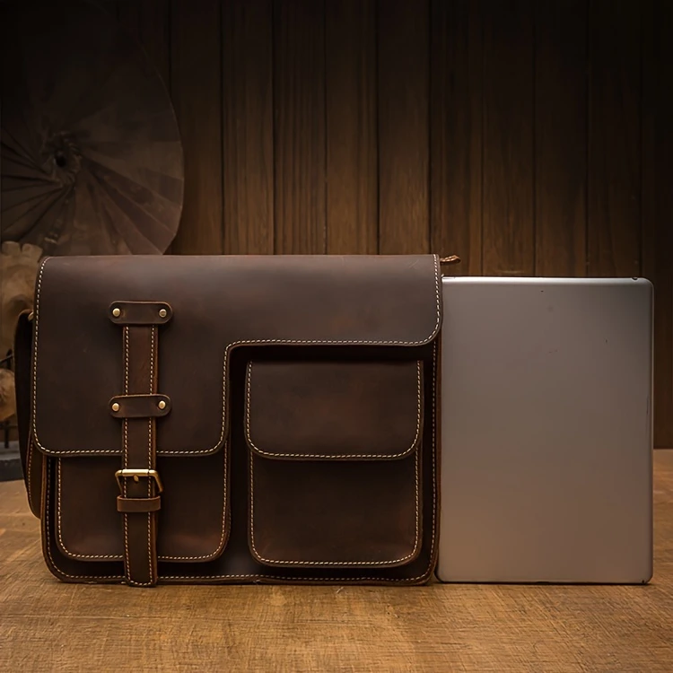 mens vintage style genuine leather messenger bag with adjustable strap casual handcrafted crossbody satchel with multiple pockets scratch repairable daily accessory details 7