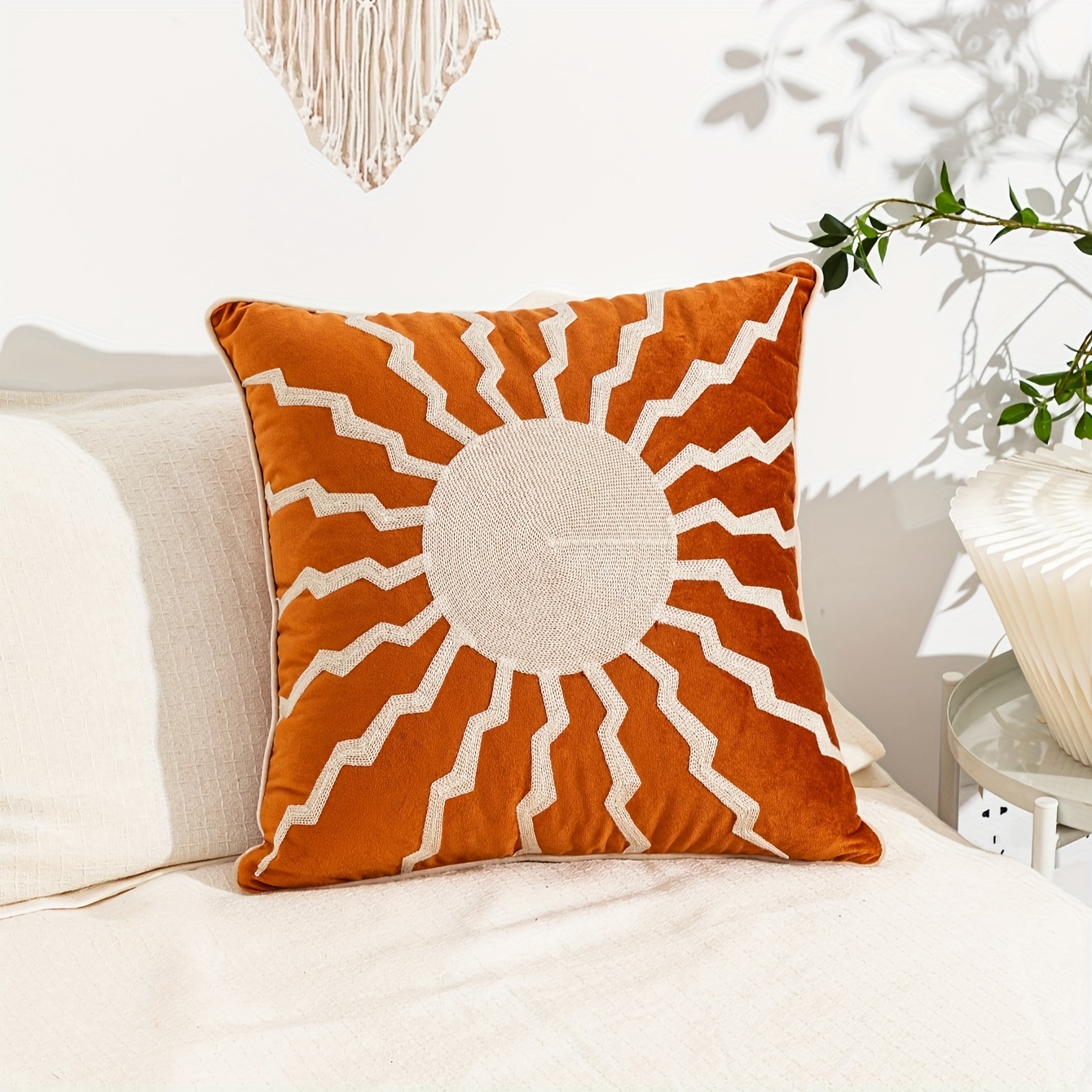 

1pc, Sunburst Chain Embroidered Throw Pillow Cover, 18x18 Inches, Modern Scandinavian, Vibrant Orange, Cushion Case For Office Chair, Sofa, Living Room Decor, Contemporary Style
