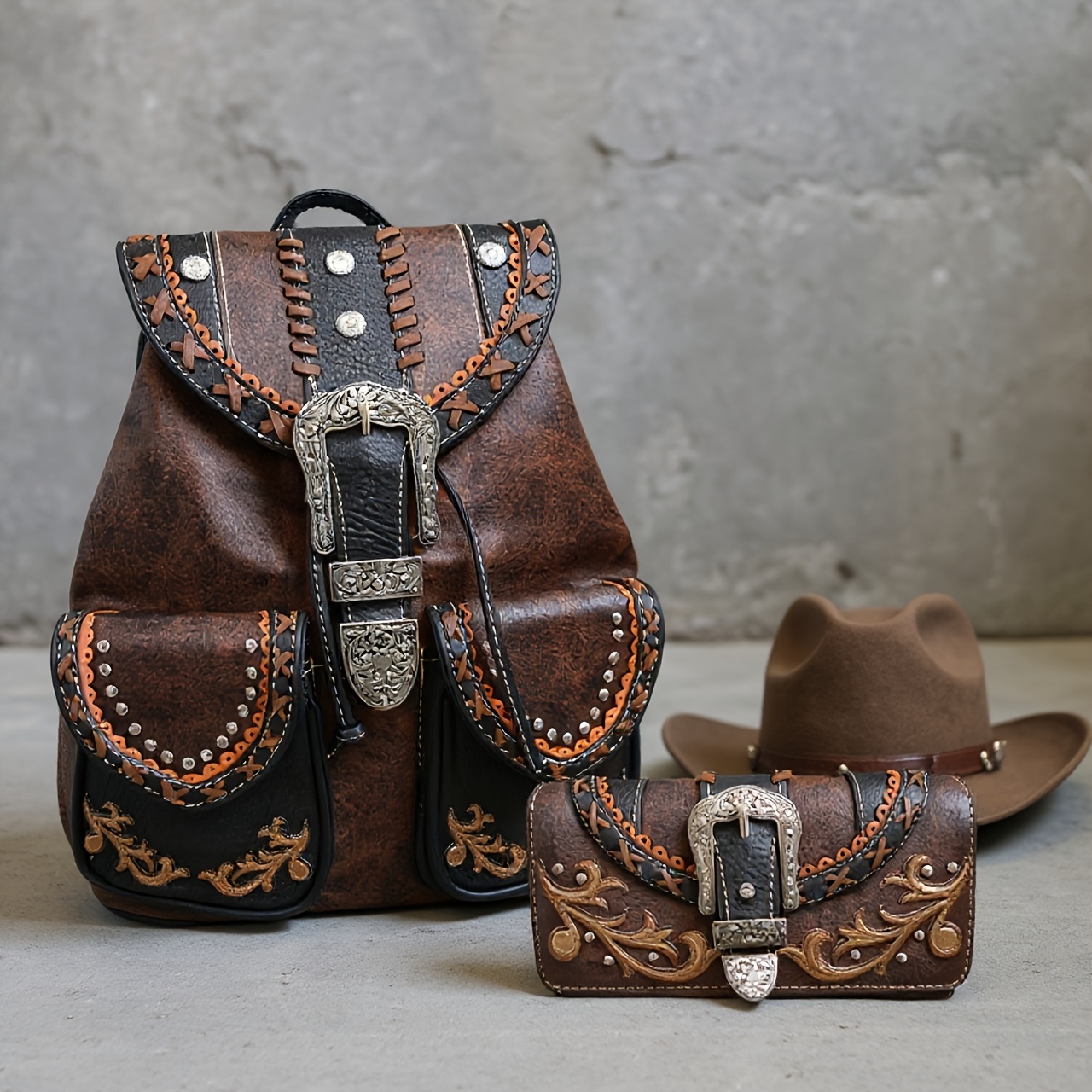 western cowboy style studded backpack wallet set matching - Temu display picture 2