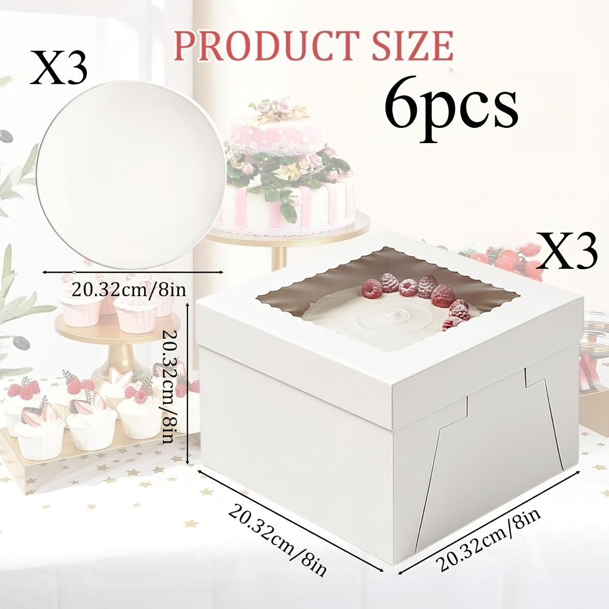 Set Of 6 (3 Boxes And 3 Boards) 8-inch Boxes With Boards, Designed For Bento Cakes, Layered Cakes, Wedding And Birthday Celebrations, Featuring Durable Boxes That Come With Matching 8-inch Boards