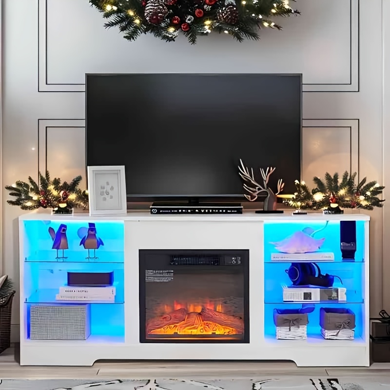 

Tv Stand With 3d Led Fireplace, Glass Shelves & Usb Charging - Fits Tvs Up To 65", Easy , 58"w*15.5"d*24.4"h