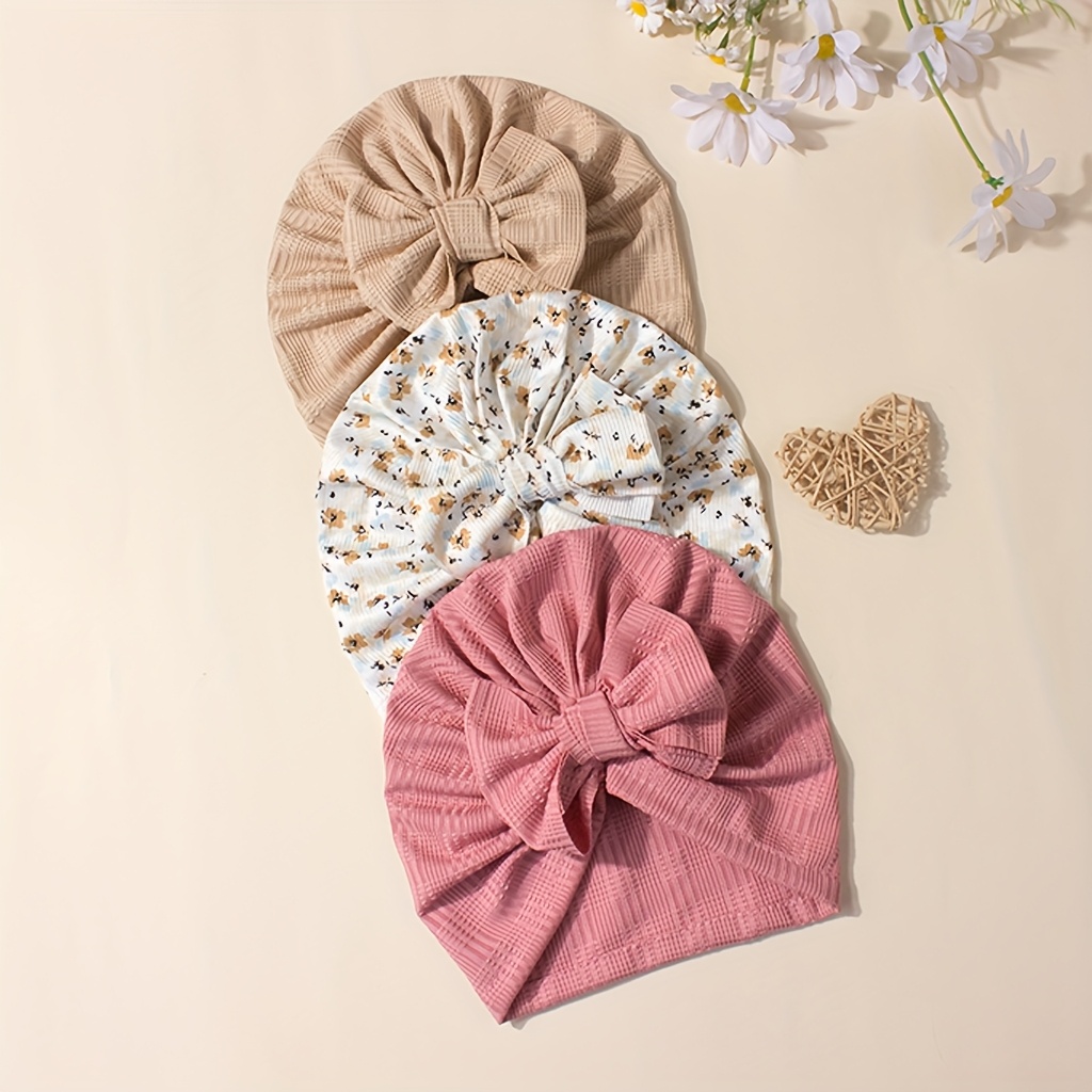 3pcs Baby Striped Bow Pullover Hats Hats Soft And Comfortable Suitable For Daily Wear Holiday Gifts