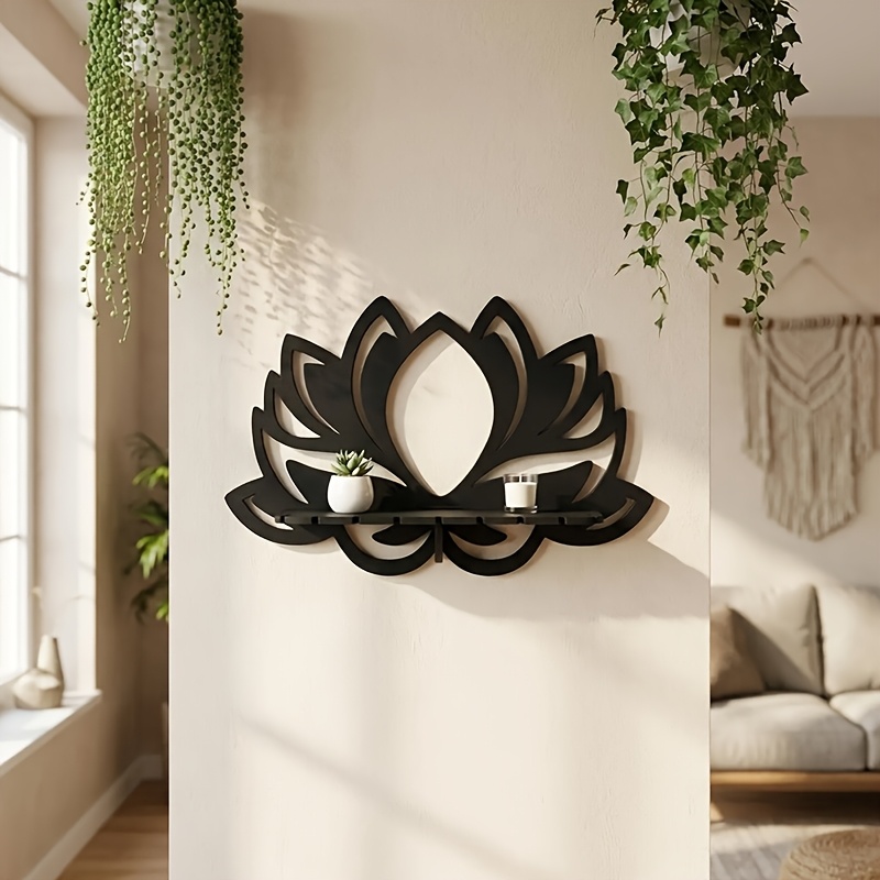TEMU 1pc, Black Lotus Wall Shelf - Boho Floating Wooden Wall Decor Shelf For Bedroom, Living Room, Office & Crystal Display, Floating Shelves