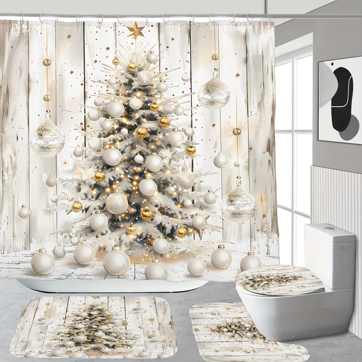 

Christmas Tree And Ornaments Shower Curtain Set Bath Mat, , And Non-bleachable - Polyester Curtain , Includes 12 Plastic , Decor