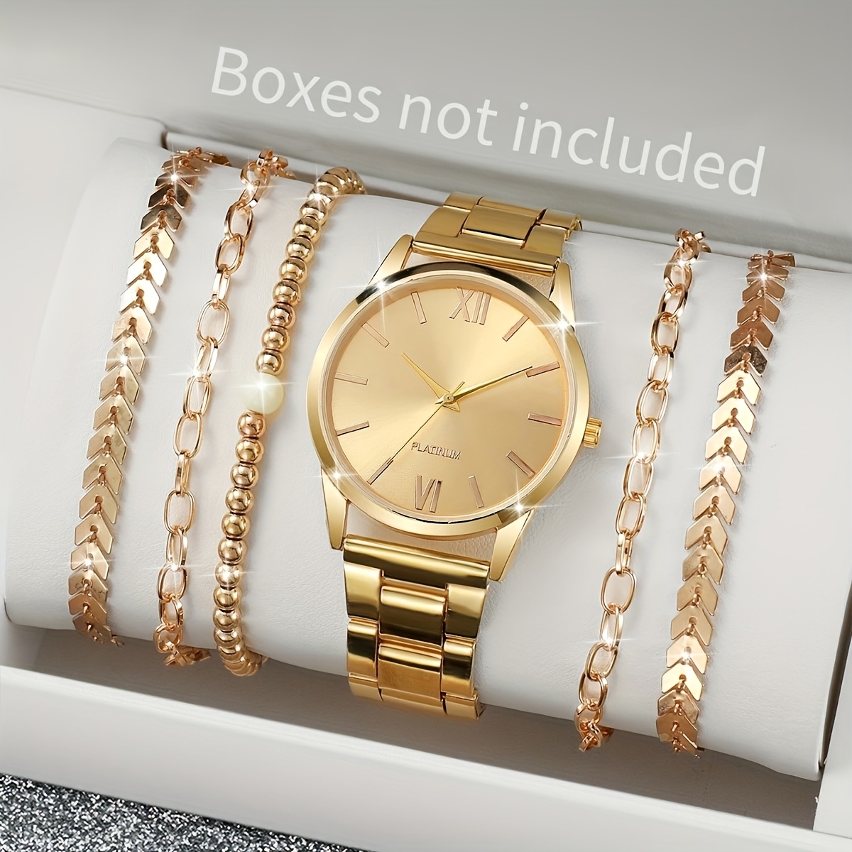 TEMU Set Of 6 Fashionable Women' Steel Watches And Bracelets - Gold- Quartz With Interconnected Bracelets, Layered, Additions For Casual Women's Outfits