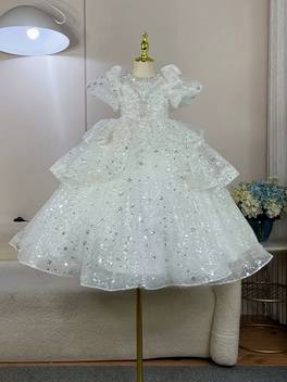 girls luxury elegant blue princess gown heavy embroidery flower girl dress wedding pageant performance attire
