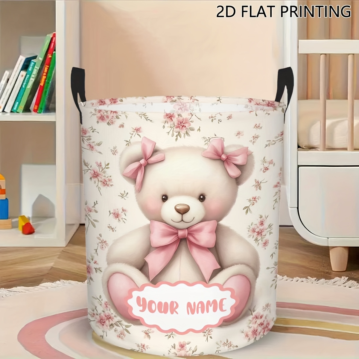 E-shop Individueller 1-teiliger Wäschekorb, Aufbewahrungsbehälter mit Blumen-Teddybär, Wäschekorb, Runder Aufbewahrungskorb mit Griffen, Körbe zur
