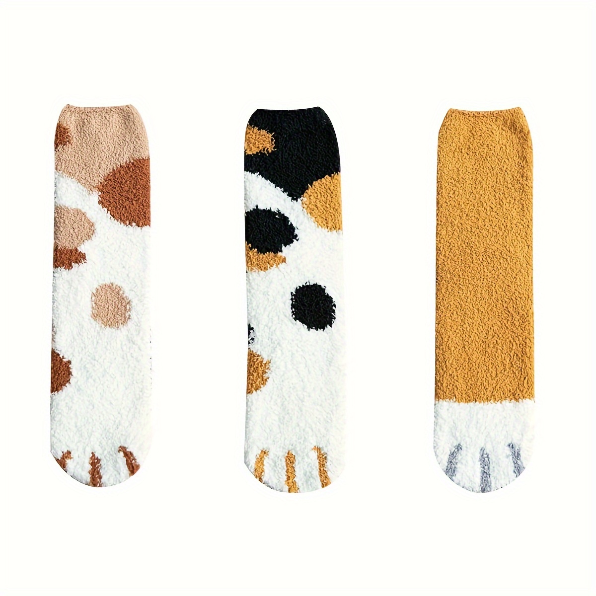 TEMU 3-pack Women's Plush Cat Print Socks, Winter Snowflake Coral Fleece, Warm Cozy Floor Slippers, Polyester & Spandex, Machine Washable, Elegant Style, Couple's Set, Knitted Fabric, Available Now