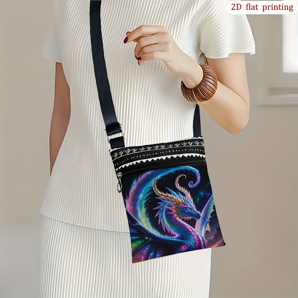 TEMU 1pc Lightweight Crossbody Bag With 2d Flat Printing Dragon & Wing Night - Multicolor Durable Casual Purse, Adjustable Strap & Zipper Closure