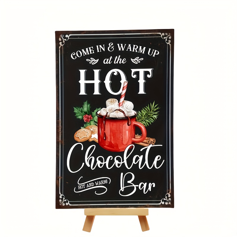 TEMU 1pc Vintage Rustic Wood Hot Chocolate Bar Sign - Farmhouse Wall Art With "come In & Warm Up" & "best Hot Chocolate Bar" Lettering, Recycled Wood