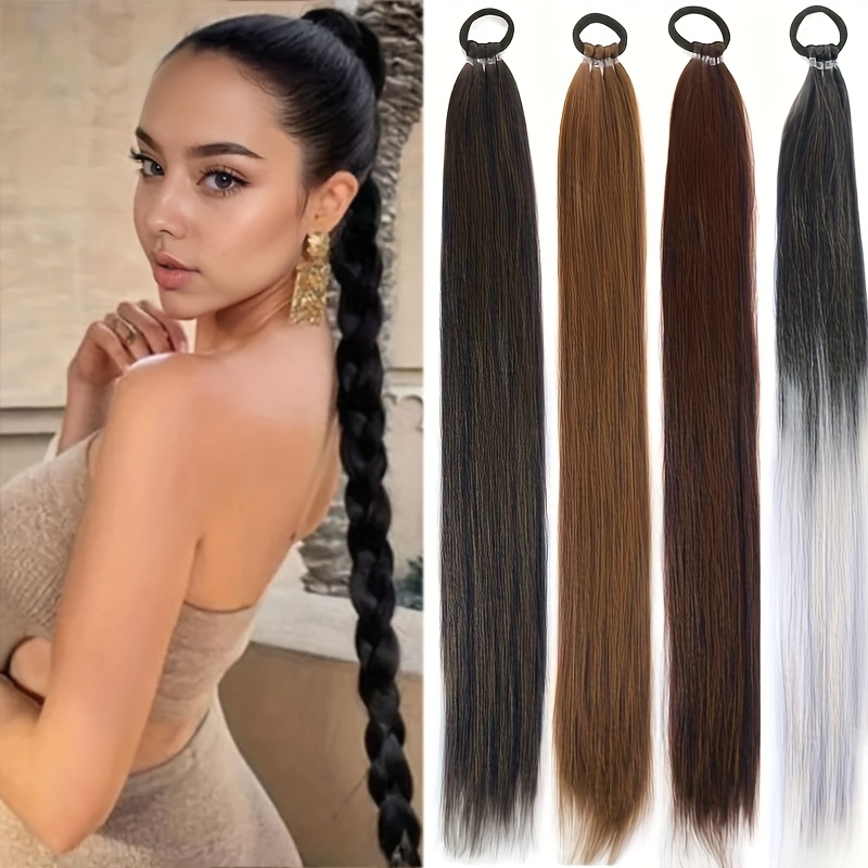 28 long straight synthetic ponytail extensions vibrant colors secure rubber band hair ring for braids wigs and everyday styling ponytail hair extensions braided hair accessory vibrant hairpiece details 1