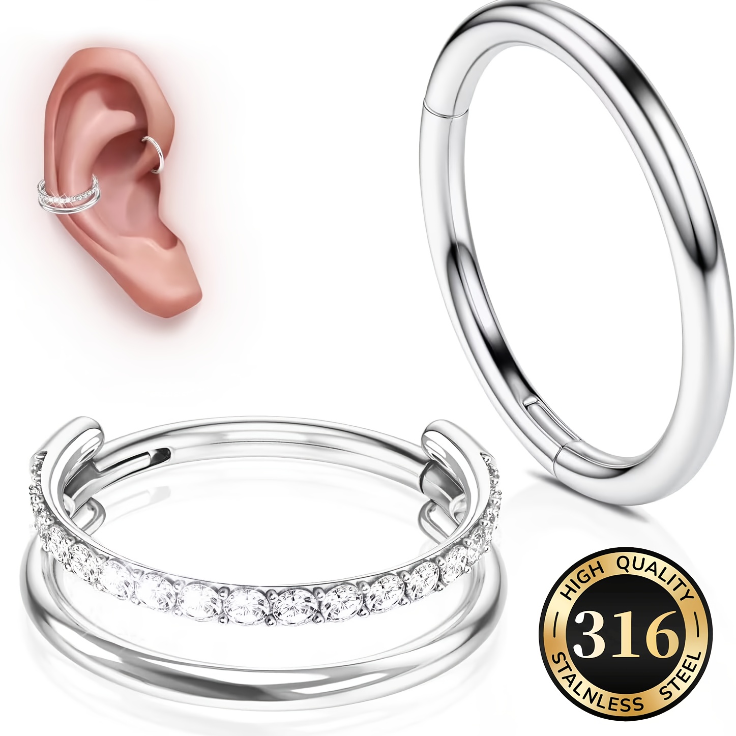 TEMU 2pcs Fashionable And Minimalist Steel Single-ring And Double-ring Seamless Hoop Septum Ring, Hypoallergenic Hinged Split Clasp Tragus Cartilage