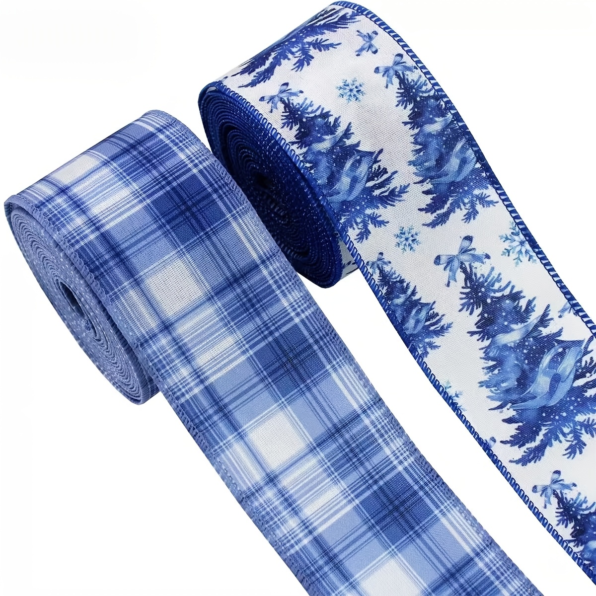 TEMU 2 Rolls Of Christmas Wired Edge Decorative Ribbon, 2.48 Inches Wide, Featuring Blue And With A Winter Snow Christmas Tree Pattern, Each Roll 1.5