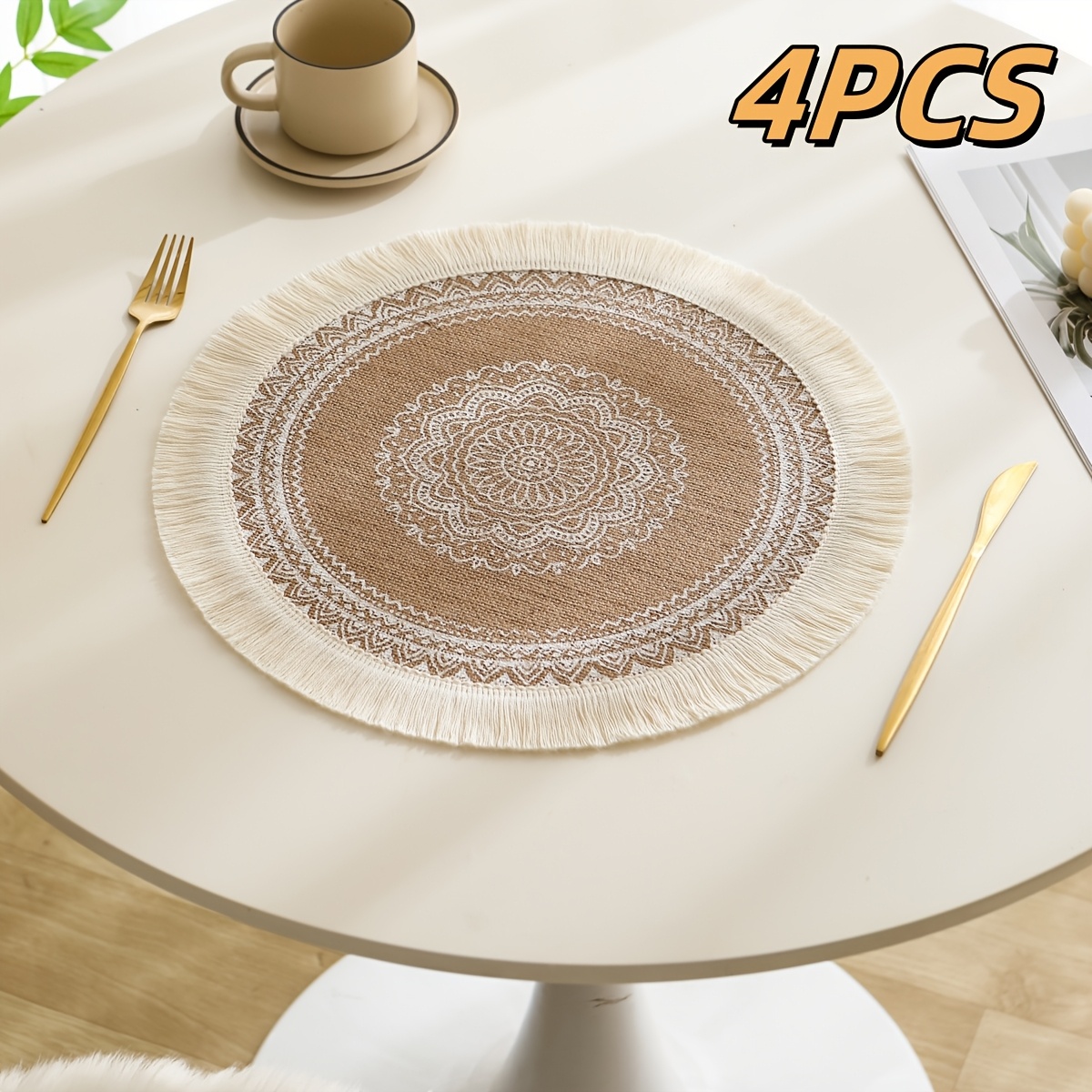 Image of 2/4pcs Bohemian Jute Placemats, Decor, Round Table Mats, Vintage Jute Background Wall Hanging Decor, Decorative Vase Mats, Room Decor
