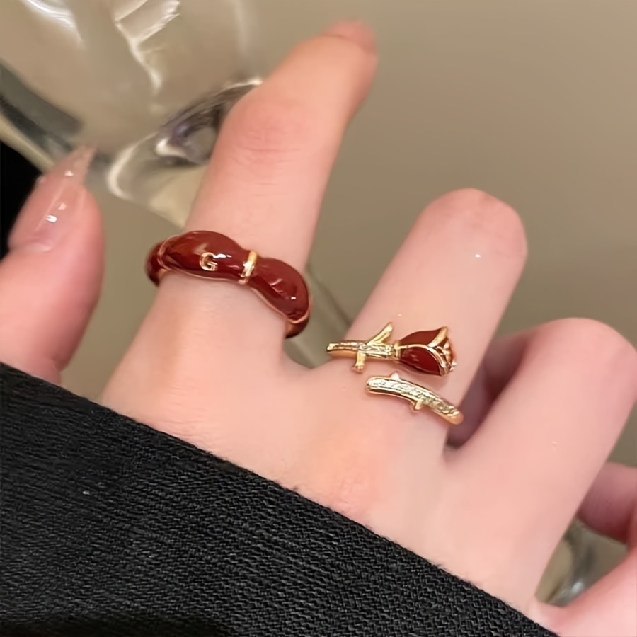 TEMU 2pcs 2pcs Women's Ankara Red & Wine Red Stackable Rings - Vintage /romanian/ Suitable For Daily Wear, Themed Parties, Weddings, Lunar New Year