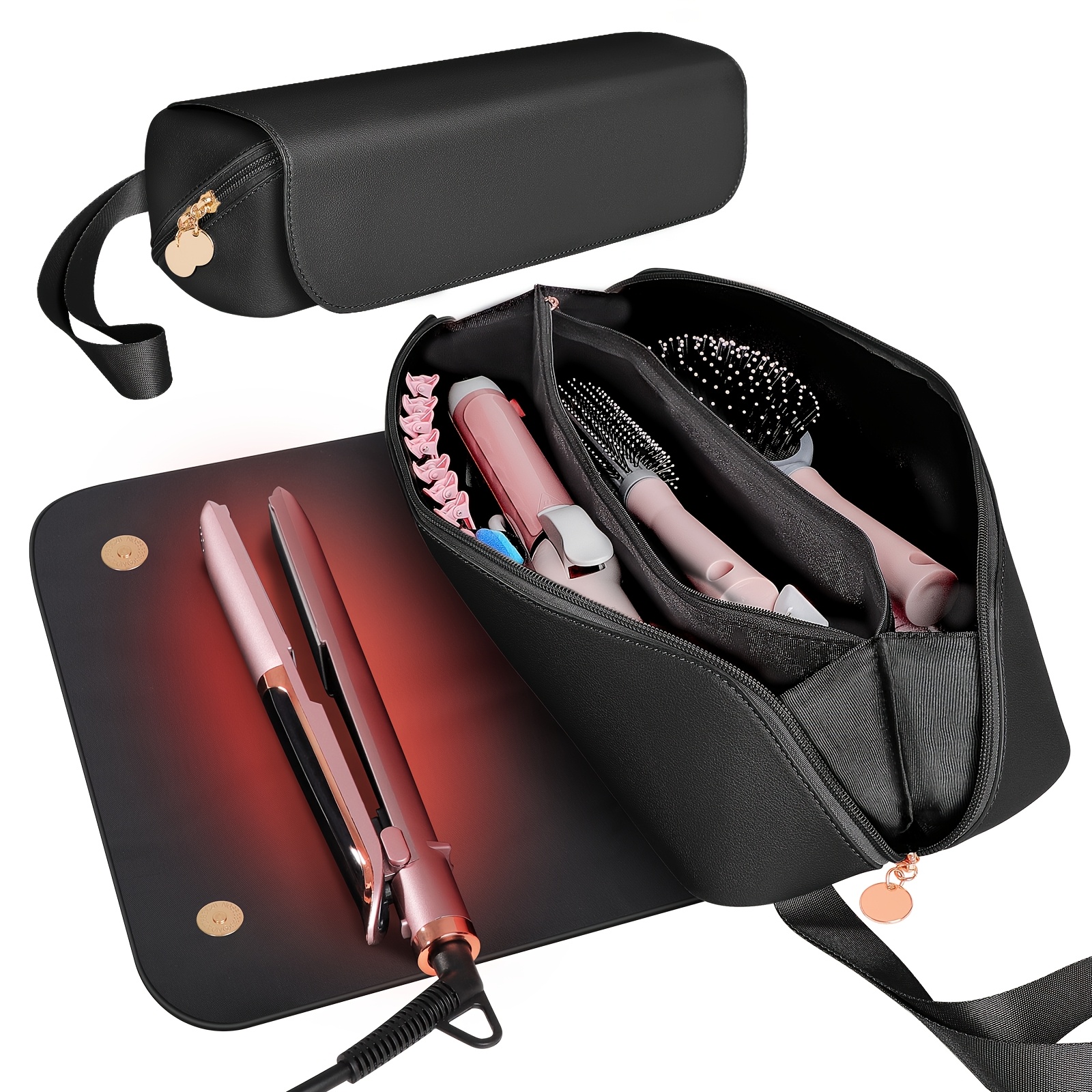 Image of 2-in-1 High Quality Hair Straightener & Curling Iron Travel Case With Mat, Synthetic Synthetic Leather Toiletry Bag For Women - Pink/black