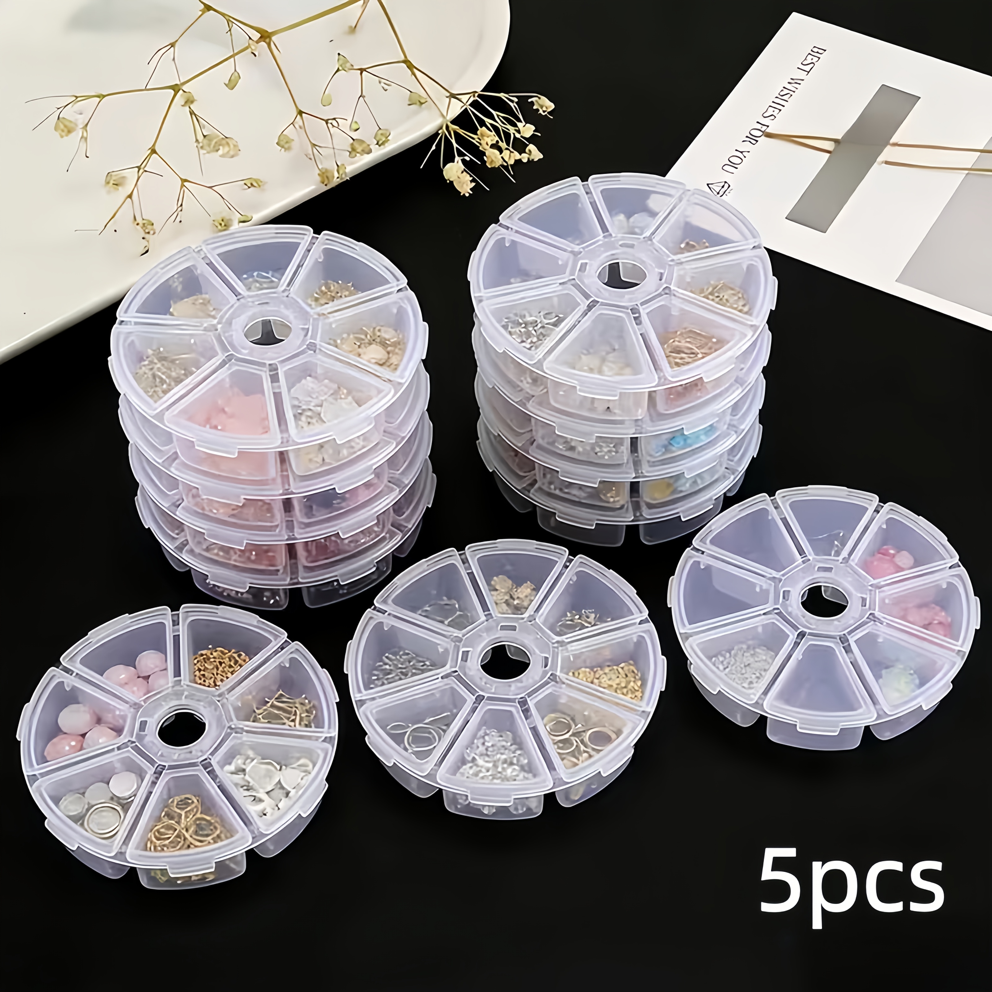 TEMU 5pcs Set Mini 8-compartment Round Transparent Plastic Storage Boxes With Lids, Small Bead Organizer Containers For Jewelry, Beads, Crafts,