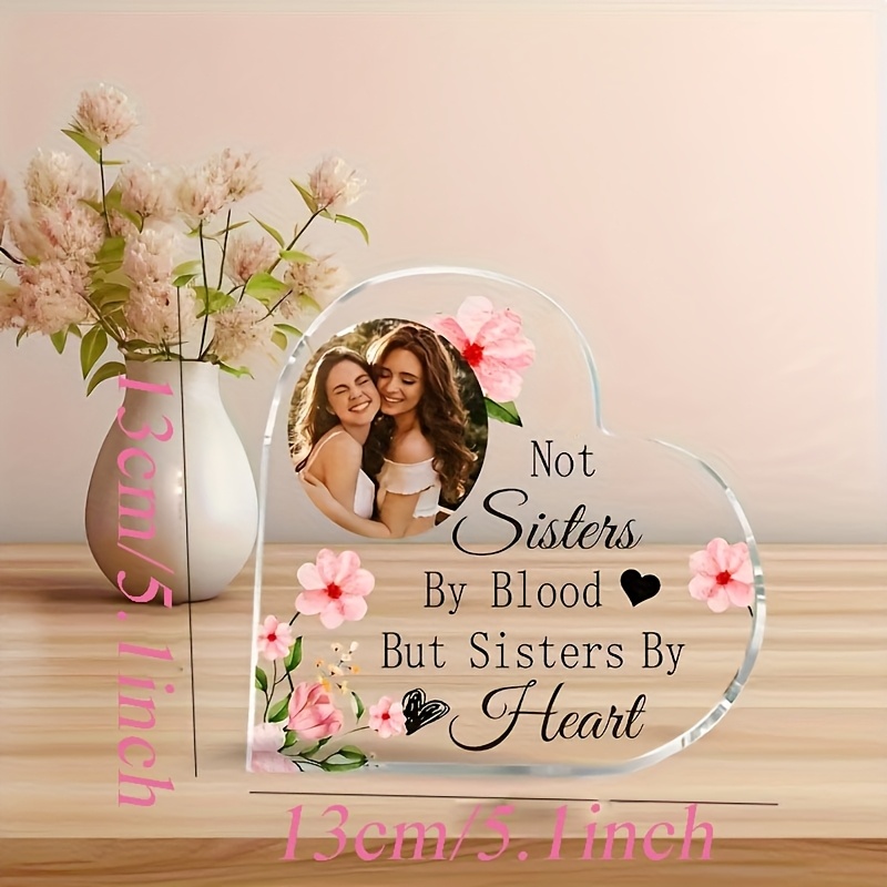 TEMU 2d Flat, 1pc Custom Personalized Acrylic Heart Plaque With Floral Pattern - " Sisters" Engraving - Perfect Best Friend Gift For Birthdays And
