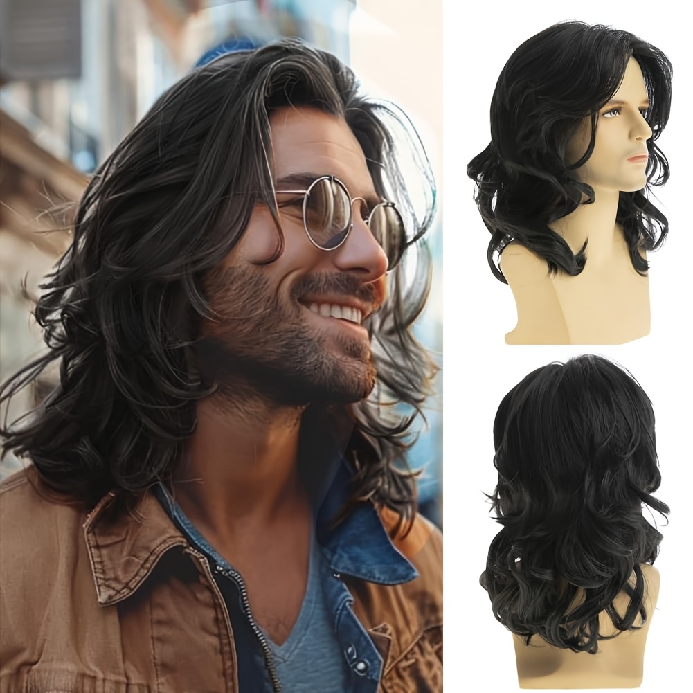 22 mens long wavy brown wig natural layered rock style heat Temu