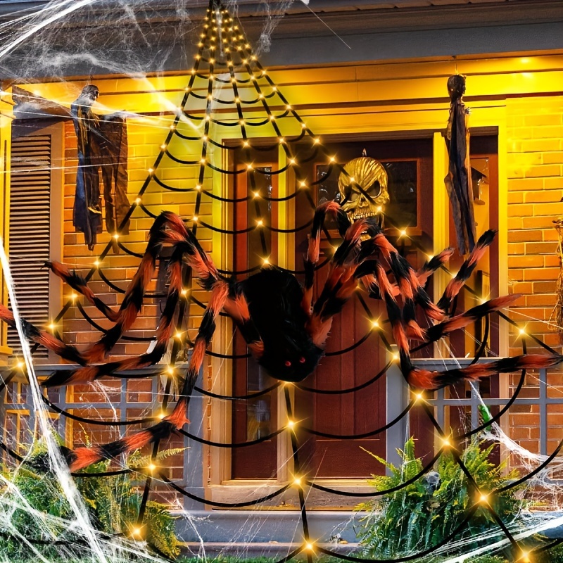 

Decorations 150led Up 23ft Triangular Spider Web 60'' Spider For Halloween , Included 20 Spiders Battery Not Included