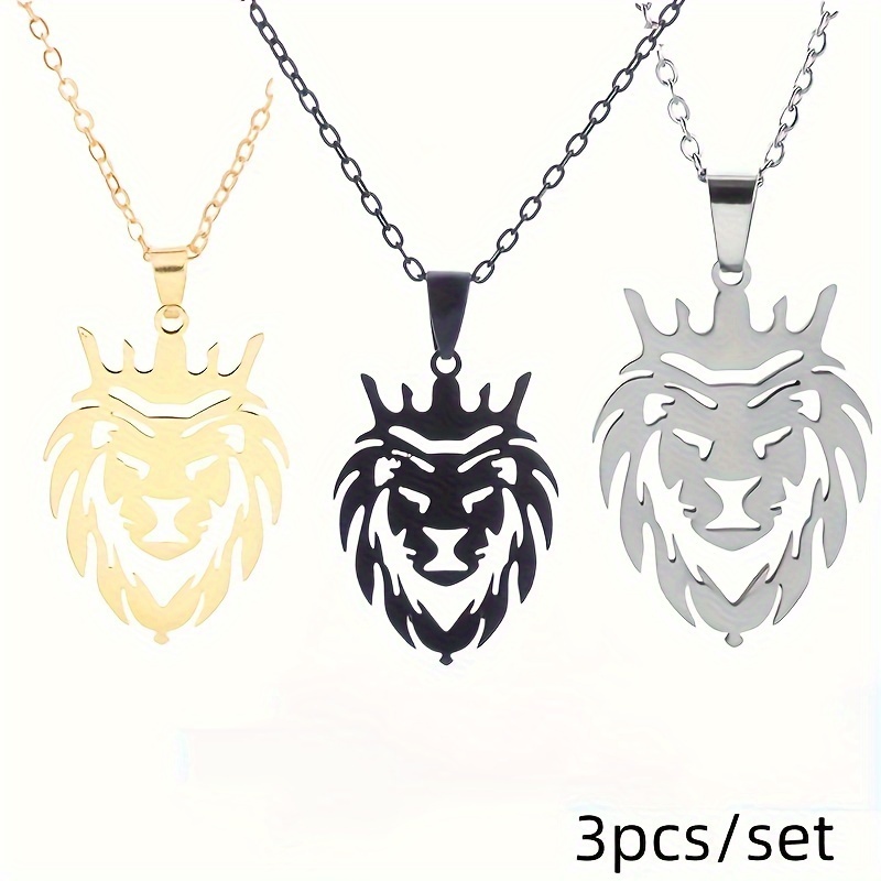 

3pcs/set Classic Stainless Steel Domineering Lion Head Animal Necklace Pendant For Men And Women Fashion Charm Casual Jewelry Gift