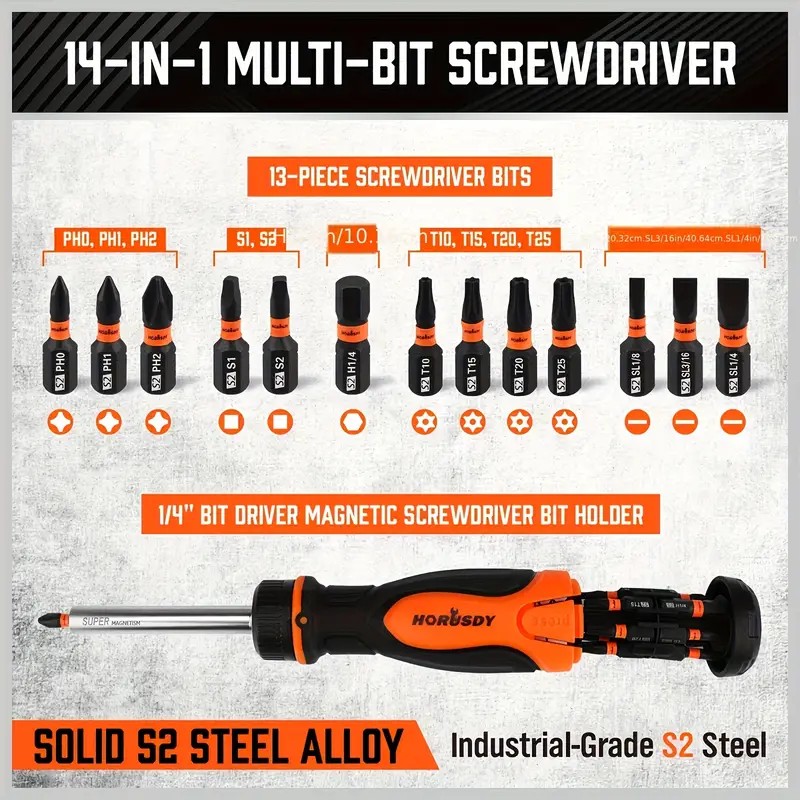14 in 1 magnetic ratcheting screwdriver bit set with 1 4 bit holder phillips slotted square torx hex bits for garage and daily repairs Product details 3