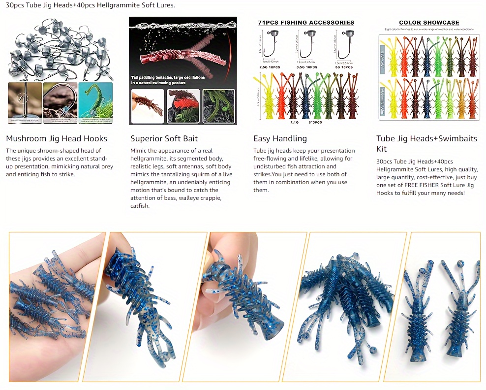 71 pcs ned rig jig heads hellgrammite soft plastic fishing Temu