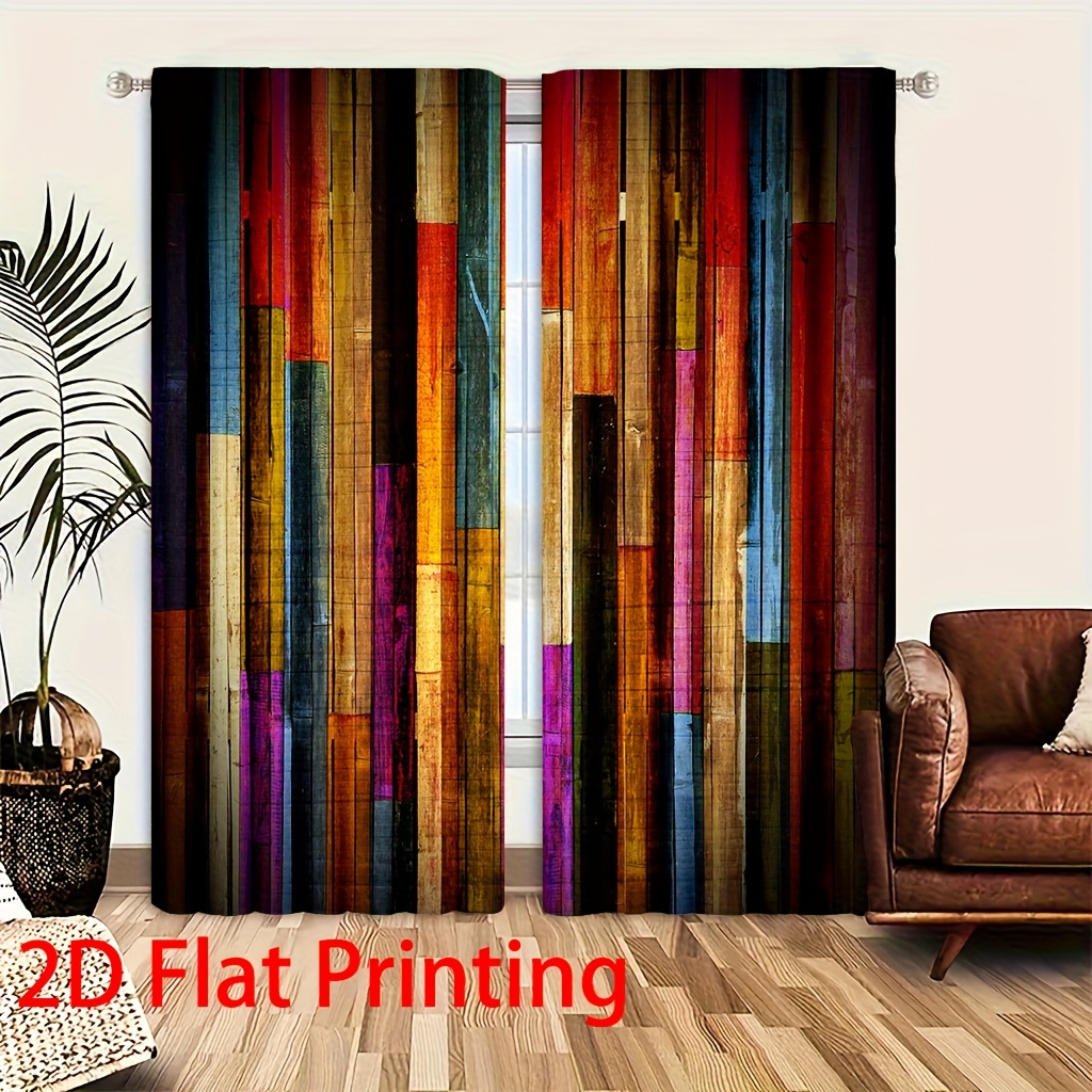 2d Flat - 2d Flat - 2pcs Of 2d Flat Printed Curtains For Christmas Decoration With Colorful Wooden Board Pattern