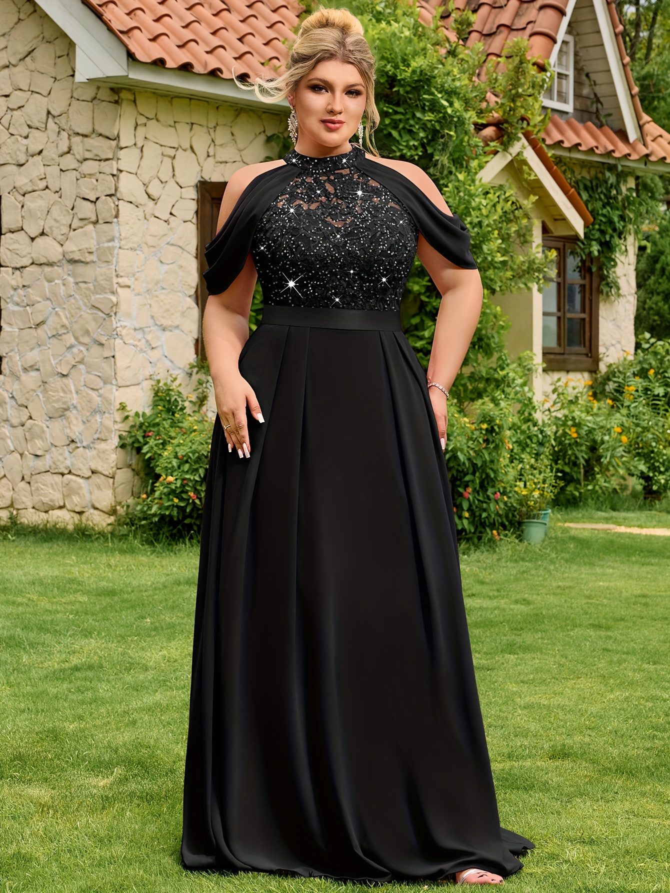 plus size plus size new popular elegant halter neck sequin - Temu