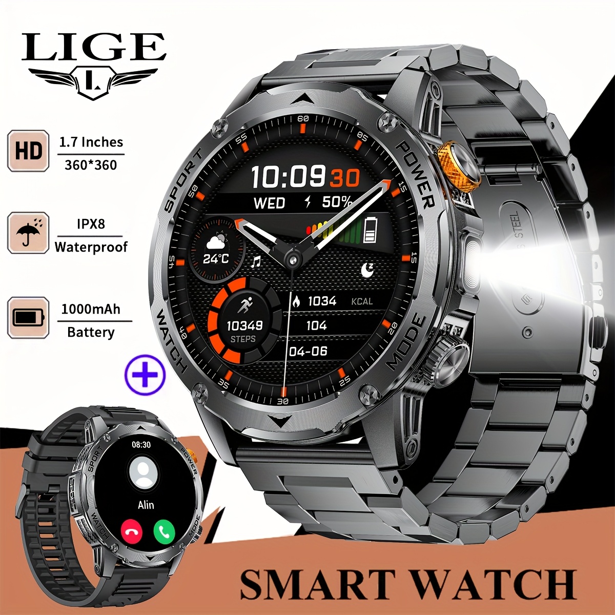Montre Connectée Homme SIEMORL avec Plus de 50+ Jours d'Autonomie Ultra Longue Durée, Montre Intelligente HD de 4,45 cm avec Batterie de 1000 MAh/Fonction Téléphone/Plus de 110 Modes Sportifs/Surveillance du Sommeil, Montre Connectée Android IPhone Pédomètre 3 s Combinés avec Lampe de Poche