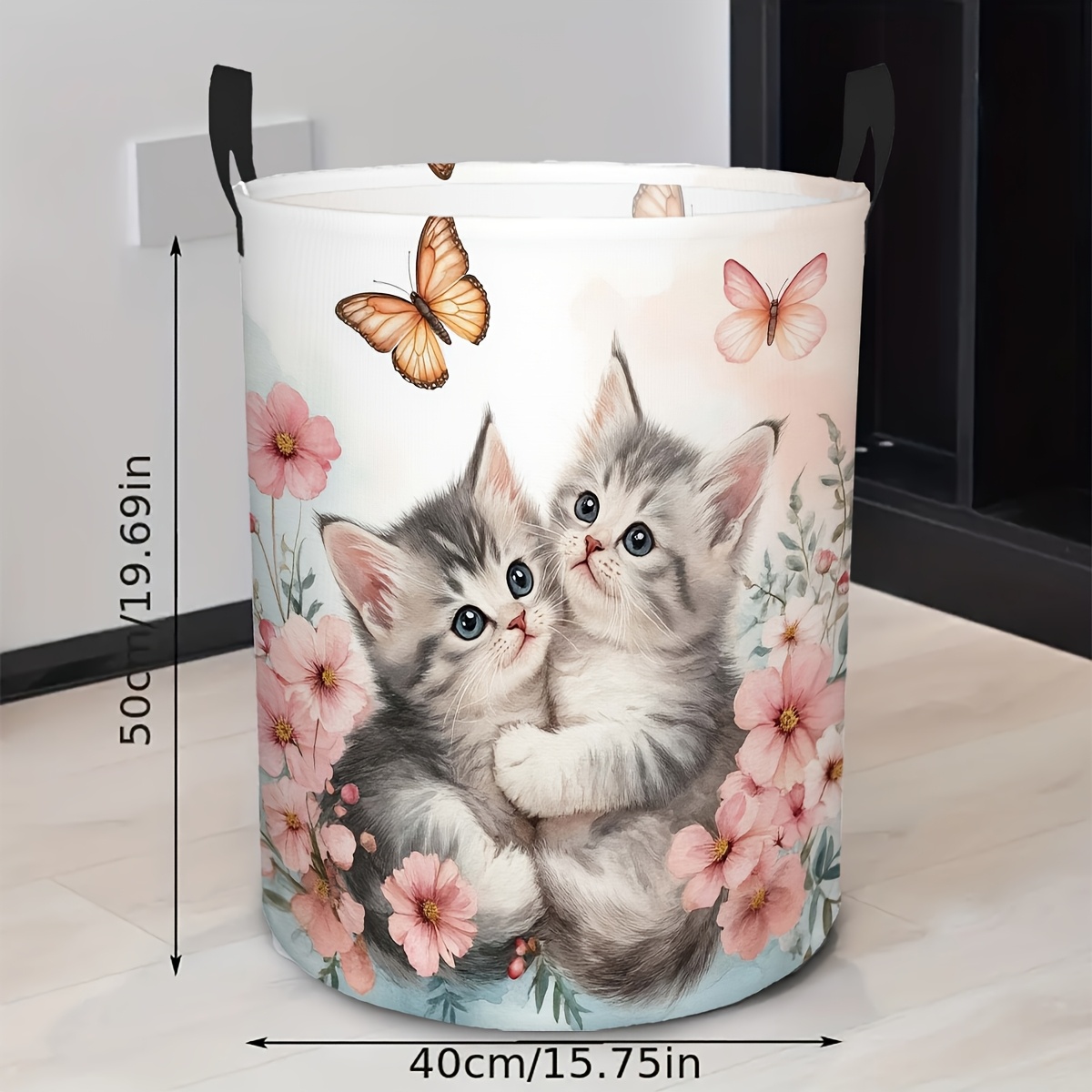 E-shop runder, faltbarer Wäschekorb mit niedlichem Kätzchen-, Schmetterlings- Blumenmuster, Aufbewahrungskorb für Kleidung Diverses,