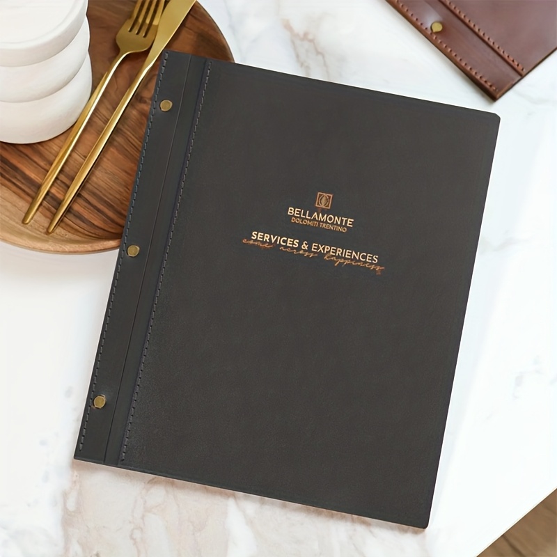 TEMU 1pc Personalized A4 Faux Leather Material Restaurant Menu Covers With Insert Bags, Custom Wood Back Board Menu Holder, Design Menu Book, Golden