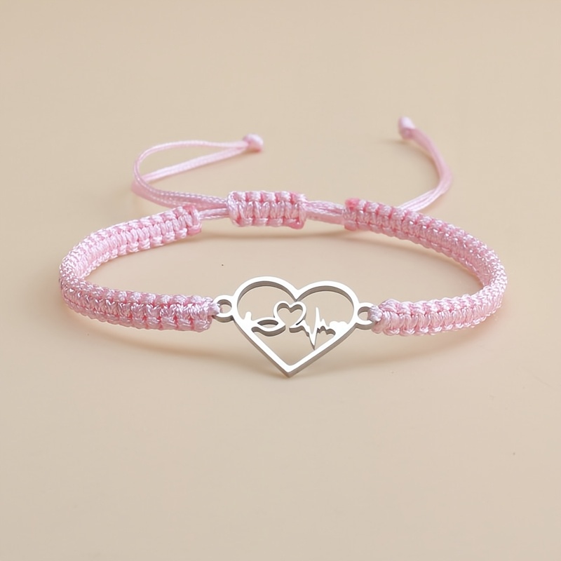 TEMU 1pc Stainless Steel Hollow Heart Bracelet, Handmade Adjustable Nylon Rope Woven Bracelet, Suitable For Daily Men And Women, Valentine's Day,