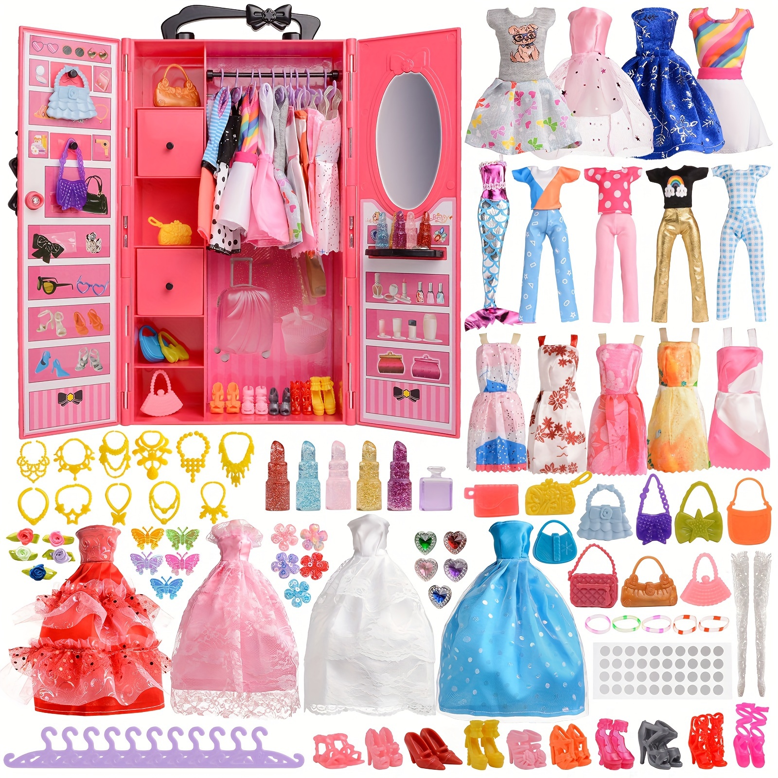 

11.5 Inch Girl Doll Closet Wardrobe With Clothes And Accessories Set 87 Pcs Including Wardrobe Suitcase Clothes Dresses Swimsuits Shoes Hangers Necklace Bags And Other Stuff