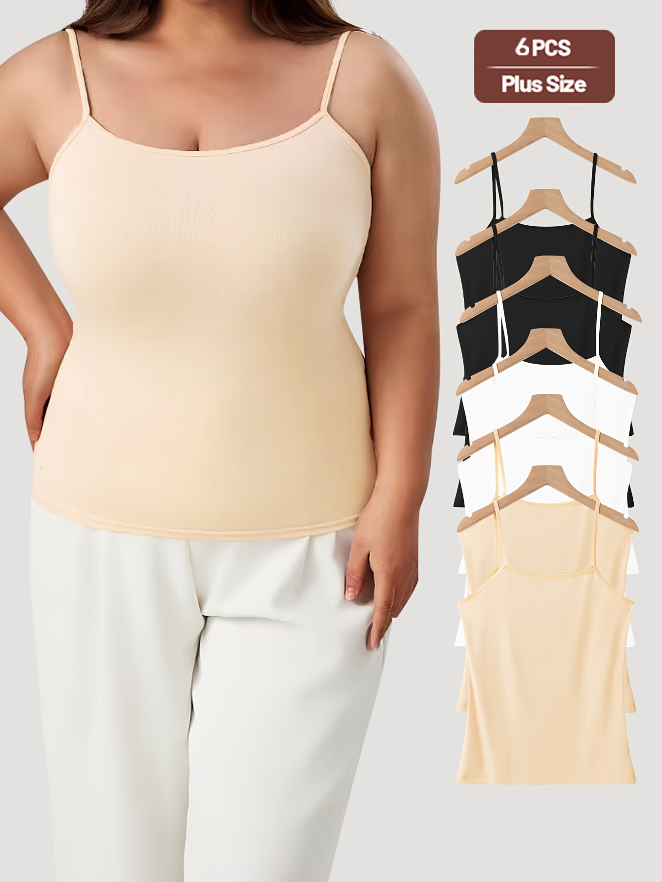 6pcs Plus Size Women   Solid Color Versatile Tank Top Set, Lounge Outfit, Layering Basics, Classic Top,  , Breathable Material, Soft Texture, Sleeveless Top, Fitted Tank, Casual Wearers, Curvy Women