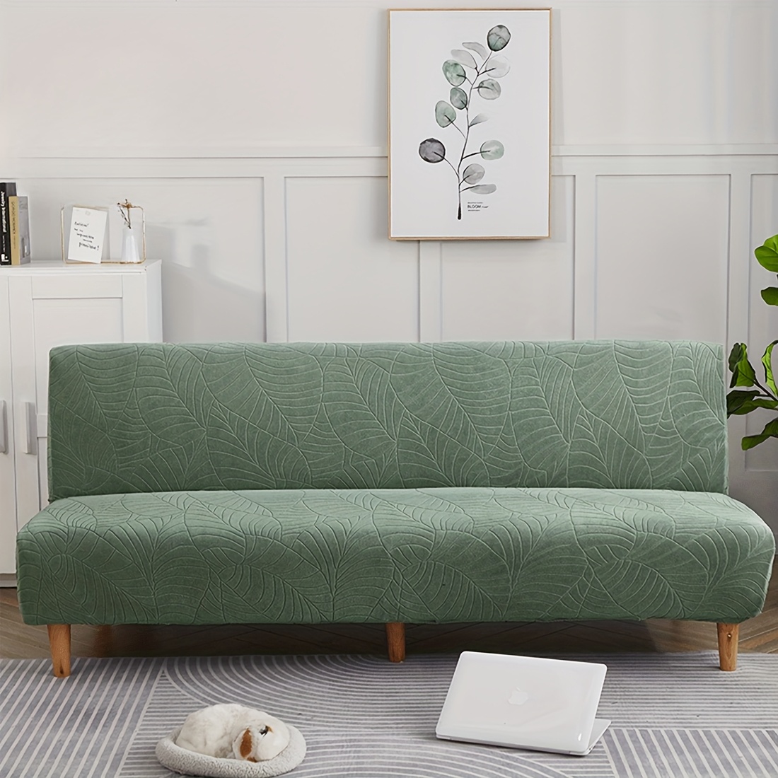 Image of 1pc Large Tree Leaf Texture Jacquard Sofa Bed Cover, Non-slip Elastic Spandex Sofa Bed Protection Cover, Suitable For Home, Living Room, Hotel