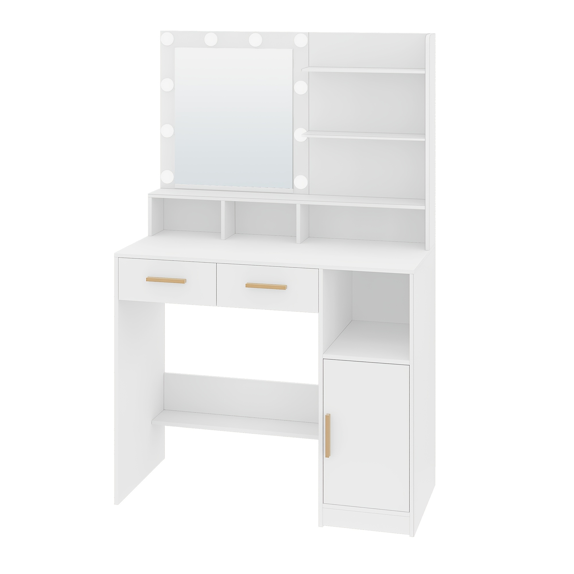 TEMU Dressing Table With Mirror And 10 Led Lights, Adjustable Brightness, Dressing Table With 2 Drawers & 1 Cabinet, 3 Shelves & 4 Open Compartments,