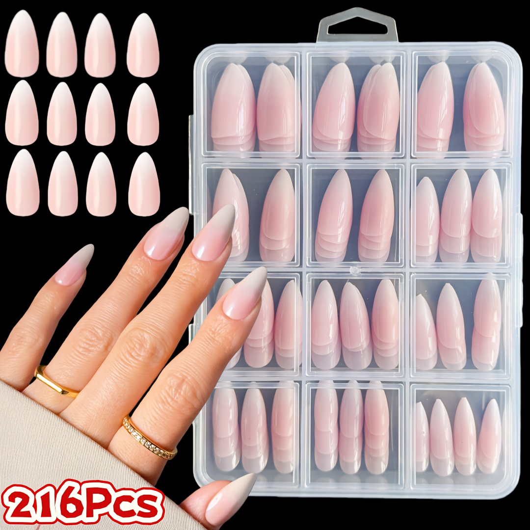 E-shop 216 Stück kurze Mandelförmige Press-On-Nagel-Set, Weiß/Rosa , 12 Größen, einfacher vielseitiger Stil, geeignet für Frauen