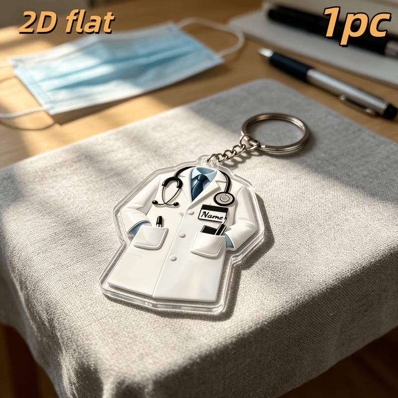 TEMU 2d Flat 1pc Little Gift For Staff, Customizable Name White Coat Keychain, Stethoscope Details Are Super , Acrylic Texture, Suitable For Everyday