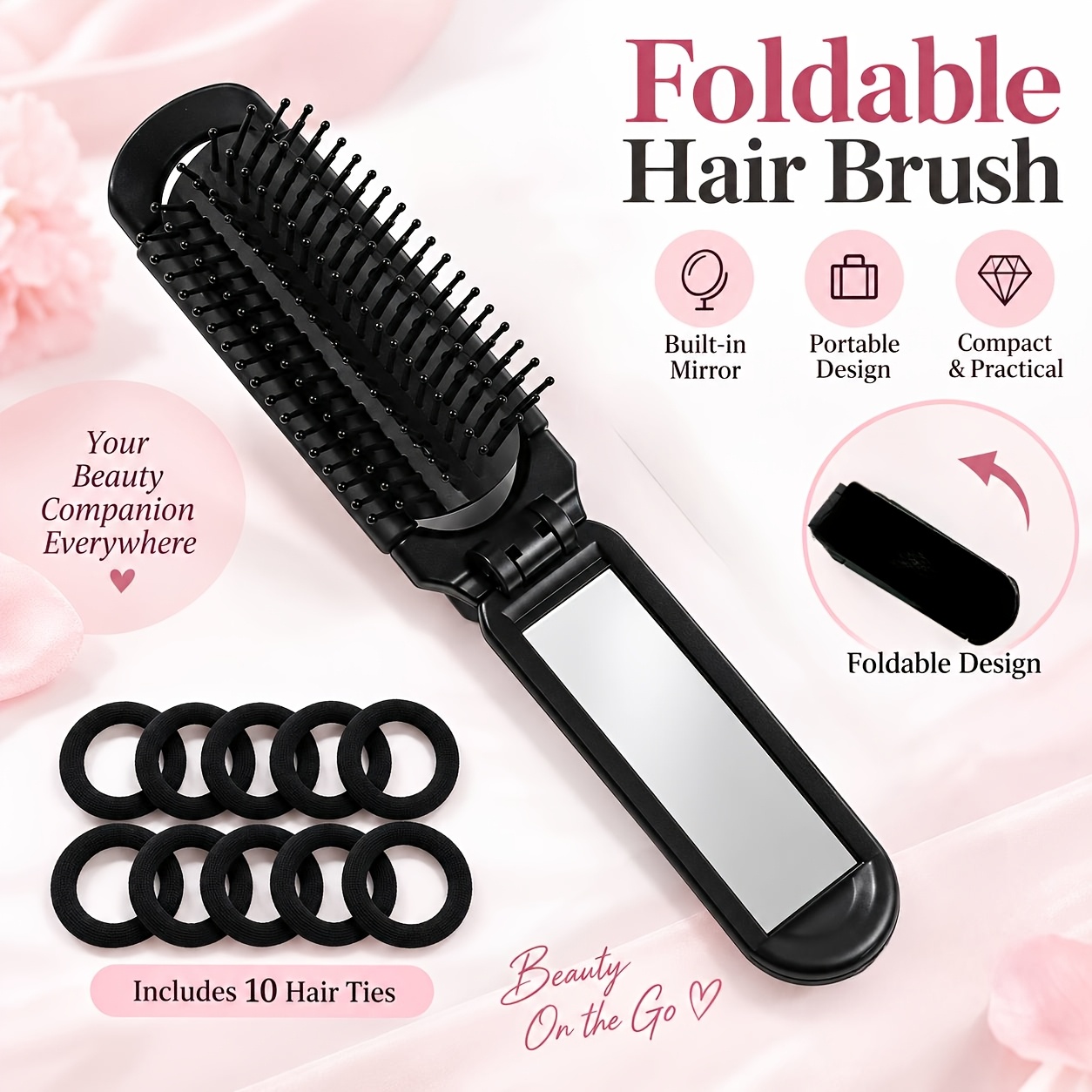 TEMU Black Powder Bow Clip Foldable Roll Brush With Mirror And 10pcs High-elastic Hair Ties, Portable Cylindrical Shape Comb, Mini Airbag Curling